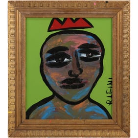 Thomas Pulgini, American, Pop-Art Abstract Oil on Board Painting, Man Wearing Crown, Signed