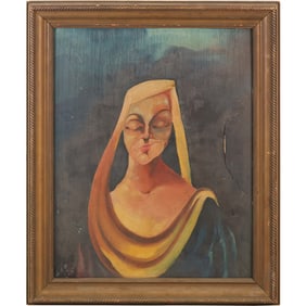 Vintage Oil on Board Painting Portrait Woman in Blue Gown, Artist Signed Illegible, Framed