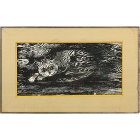 Vintage Framed Woodblock of a Reclining CAT, Framed, Unsigned, Label on Verso