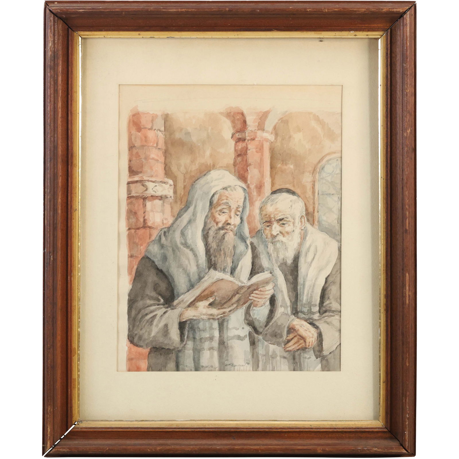 Vintage Watercolor Painting Two Rabbis Reading a Holy Book, Framed - Judaica Artwork (1 of 15)