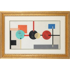 Abstract Circles and Squares Oil Painting, Unsigned, Framed