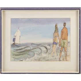 Signed S PALMER 1970, Watercolor Painting Beach Figures "Easing Along", Framed