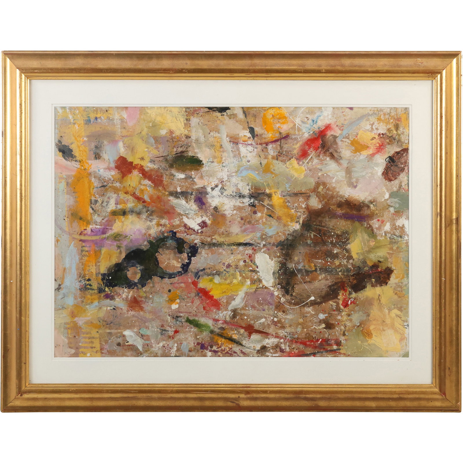 Steve Jennis, American, Busy Abstract Oil Painting on Paper Framed, Signed and Dated: Steve Jennis, American, Busy Abstract Oil Painting on Paper Framed, Signed and Dated. Well Listed American Artist. Provenance: Acquired directly from the Artist. size: 23 x 30 outside frame 26.5 x 34