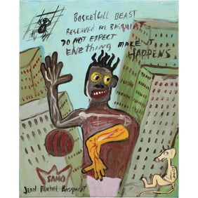 Jean Michel Basquiat, Samo XM-75, Mid Media Oil on Canvas Painting, "Basketball Beast"