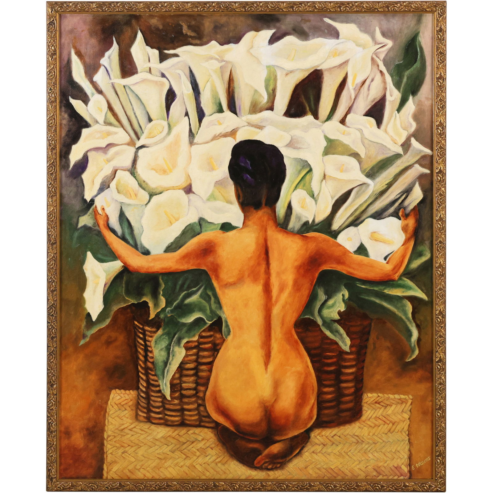 "Nude with Calla Lilies" (also known as "Desnudo con Alcatraces") after Diego Rivera, Oil Painting: "Nude with Calla Lilies" (also known as "Desnudo con Alcatraces") after Diego Rivera, Oil Painting on Canvas, Artist Signed E Mazuos. size: 24 x 30 outside frame 25.5 x 31.5