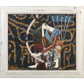 Signed Ting Shao Kuang Framed Oil on Canvas Painting of Female Protectress