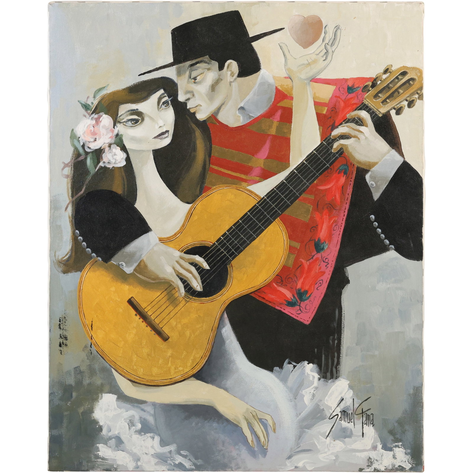 Samuel Gana, Oil on Canvas Painting, Man Serenading Woman: Samuel Gana, Oil on Canvas Painting, Man Serenading Woman. size: 22 x 28