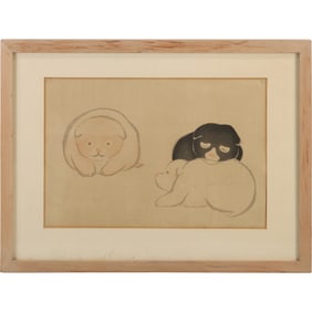 Framed Japanese Art "Three Puppies", Woodblock