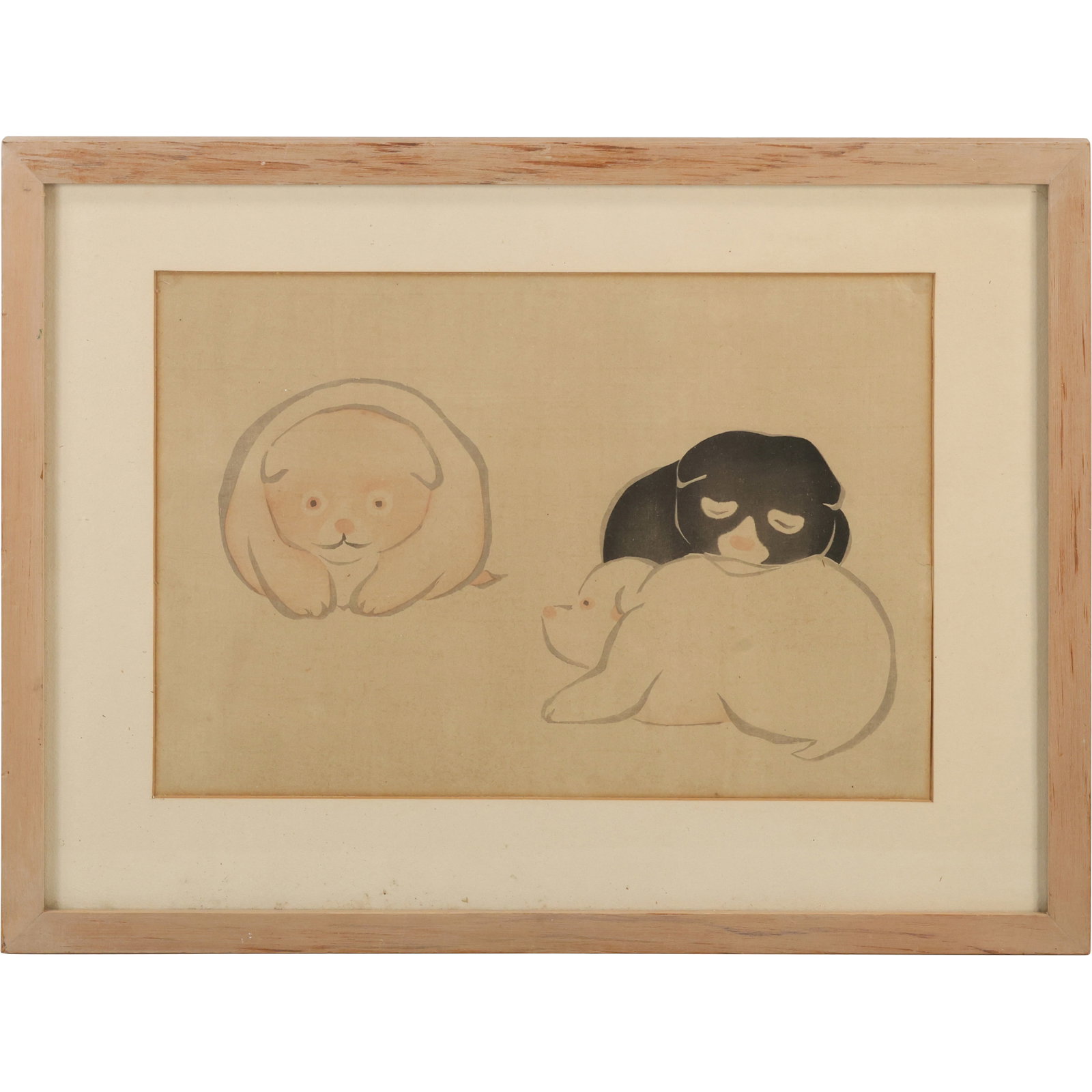 Framed Japanese Art "Three Puppies", Woodblock: Framed Japanese Art "Three Puppies", Woodblock. size: 10.5 x 14.5 outside frame 15.5 x 20.5