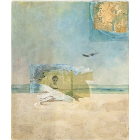 20th C. Abstract Collage Oil on Canvas Painting, Beach Woman, 24 in. x 20 in.