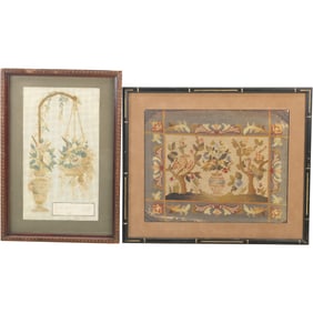 2 Victorian Peti Point Framed Embroidery Hanging Plants, Botanical Garden