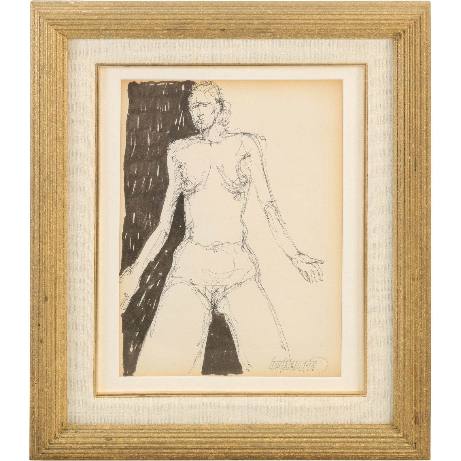 Framed Artist Signed Sketch of Nude Woman with Arms Raised at Sides: Framed Artist Signed Sketch of Nude Woman with Arms Raised at Sides. size: 12 x 14 outside frame 13 x 15.75