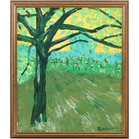 Signed Emory, 20th C. Naive Oil on Canvas Painting Landscape Field with Tree