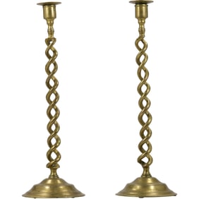 Quality Pair of 19th C. English Open Barley Twist Candlesticks in Solid Brass 17.5 in. height