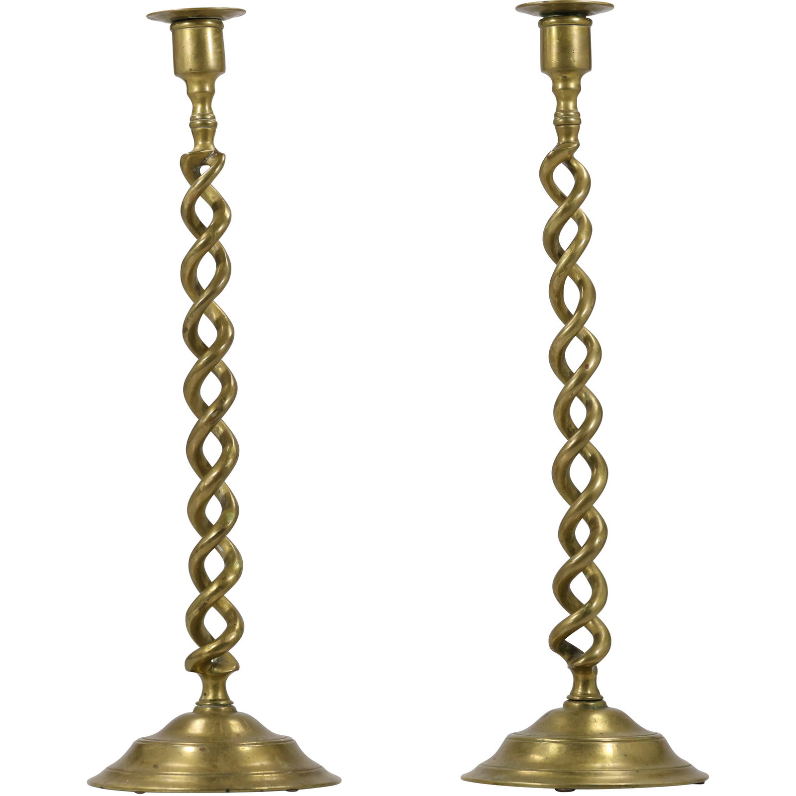 Quality Pair of 19th C. English Open Barley Twist Candlesticks in Solid Brass 17.5 in. height (1 of 14)