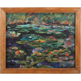 Signed Levin, Fine 20th C. Oil on Canvas Painting Lily Pads in a Pond, Framed