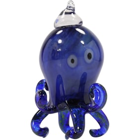 Cobalt Blue Hand Blown Glass Octopus Figural Sculpture Paperweight 5 in. height x 3.5 in. wide