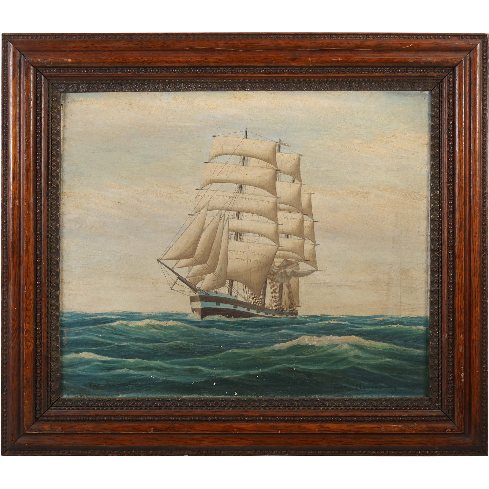 Signed Earl Montgomery, Vintage Oil on Canvas Painting Full Sail Clipper Ship, Framed (1 of 18)