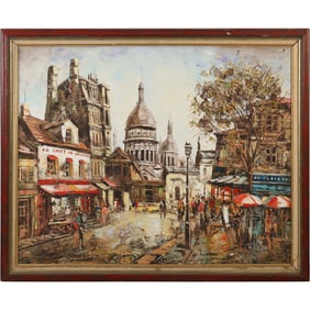 Vintage Quality French Street Scene Oil on Canvas Painting, Framed