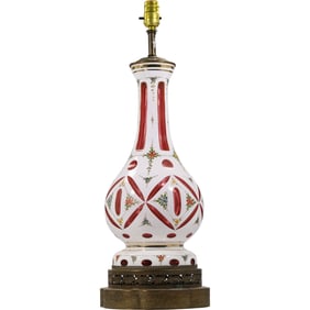 Antique Bohemian Cameo Glass White Cut to Cranberry Lamp Base with Enamel Accents 26 in. h.
