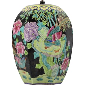 Early 20th Century Famille Noire Hexagonal Ginger Jar. 13.5 in. height x 9.5 in. wide