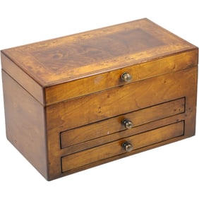 19th C. Walnut with Burlwood Top, Lift Top 2-Drawer Document Box 10 in. x 16 in. x 10 in.