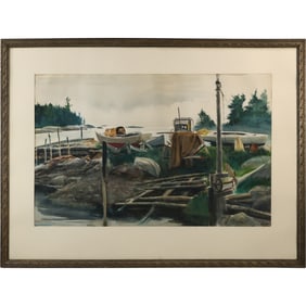 Franklin Shores [estate of] Watercolor Painting Boats and More on Shore Bank, Framed