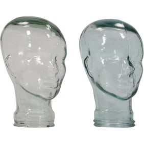 2 Vintage Glass Mannequin Display Heads in Pale Green Color 11.5 in. height x 8 in. wide