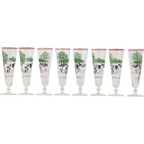 Set 8 vintage Libbey Currier & Ives "Making Hay" Pilsner Glasses - Barware , 8.5 in. height