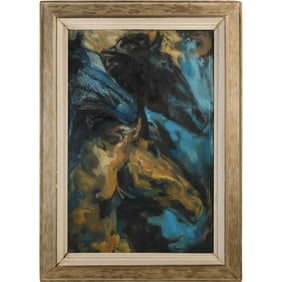 Artist Signed Illegible and Dated 1962, Abstract Oil on Canvas Painting Horse Heads in Motion