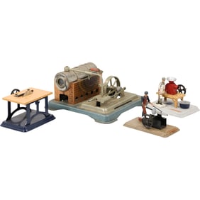 4 Pieces: Jensen Toy Steam Engine, Western Germany Saw, Iron Forger, Fleischman Baker