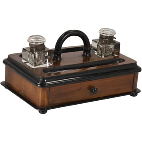 19th C Antique Walnut Wood Desk Tidy Glass Inkwell Stand with Drawer 2 Inkwells Pen Rest