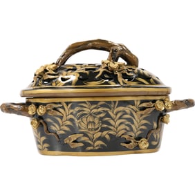 Decorative Ceramic Porcelain Handled Covered Tureen Twig Handles, Gold Accent Decoration