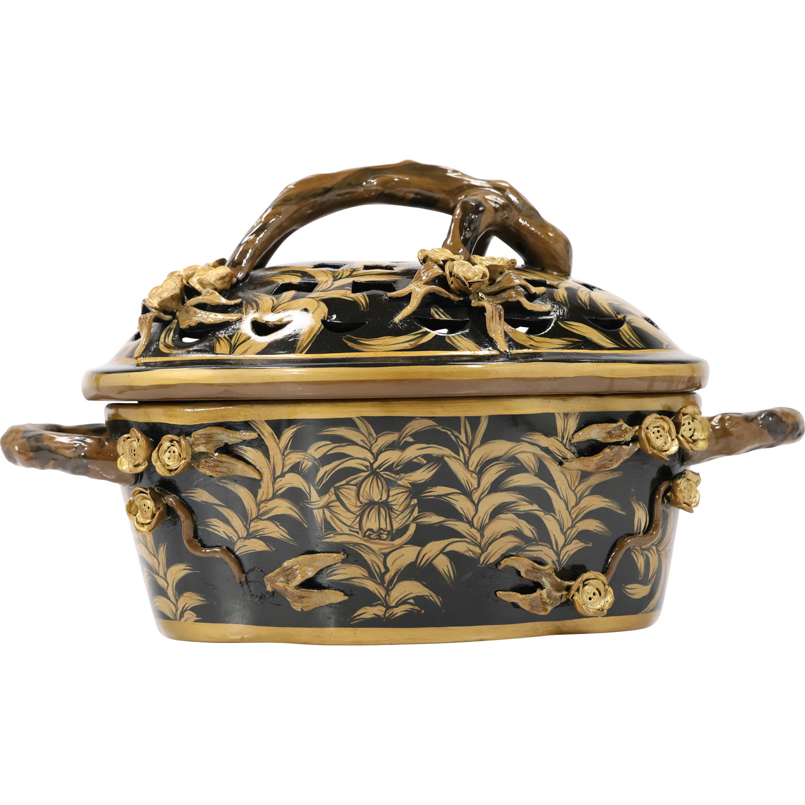 Decorative Ceramic Porcelain Handled Covered Tureen Twig Handles, Gold Accent Decoration: Decorative Ceramic Porcelain Handled Covered Tureen Twig Handles, Gold Accent Decoration. size: 9.5 h 16 w