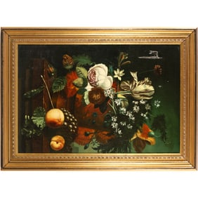 20th C. Dutch Flemish Style Flowers Oil on Canvas Painting - Needs Some Restoration