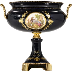 Limoges-style Cobalt Blue Porcelain Pedestal Bowl Centerpiece, Gold Gilt Accents. 10 in. x 11 in.