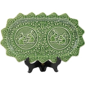 Bordallo Pinheiro Portugal Green Bunny Majolica Platter, sandwich tray or serving platter. 13.25 in