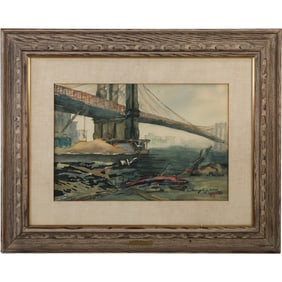 Artist Signed Rogers, Vintage Watercolor Painting of the Brooklyn Bridge New York