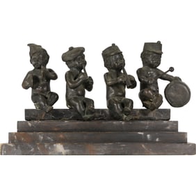 Bronze Sculpture of 4 Cherub Children Musicians Each Playing an Instrument 13 inches length
