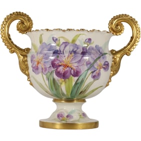 Large Antique BELLEEK WILLETS Porcelain 2 Handles Urn with Hand Painted Purple Flowers