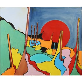 Style of Peter Max, Pop Art Oil on Canvas Painting "Farmer McQuaid's Bog", Unsigned, 36 in. x 30 in.