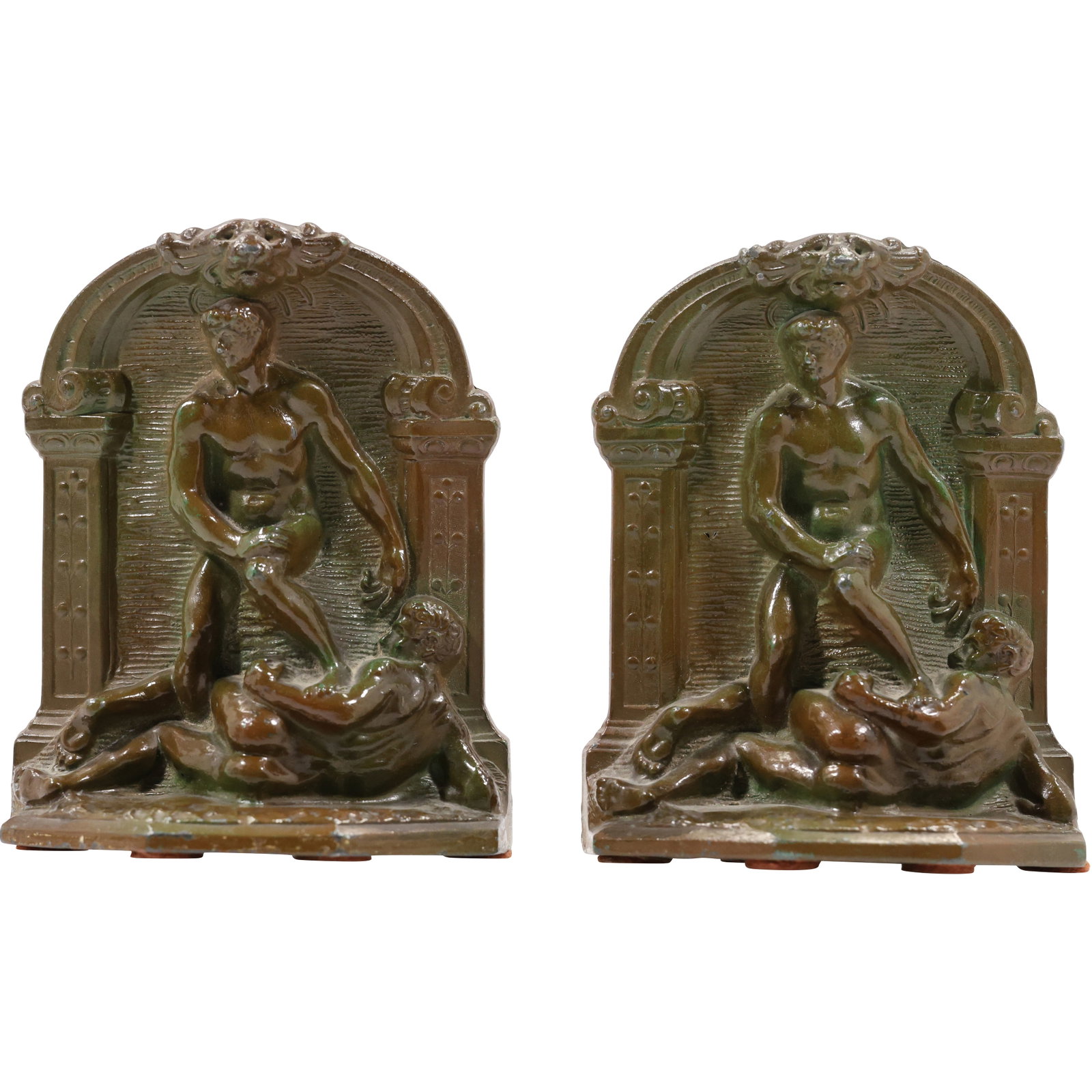 Circa 1920s Art Deco Bookends Depicting Nude Male Wrestlers., Geo. C K CO. NYC: Circa 1920s Art Deco Bookends Depicting Nude Male Wrestlers., Geo. C K CO. NYC size: 5.75 x 45