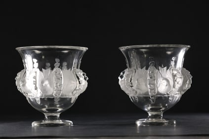 2 Signed Lalique France Dampierre Vases Crystal with Frosted Glass Birds & Foliage 5 in. x 5 in.