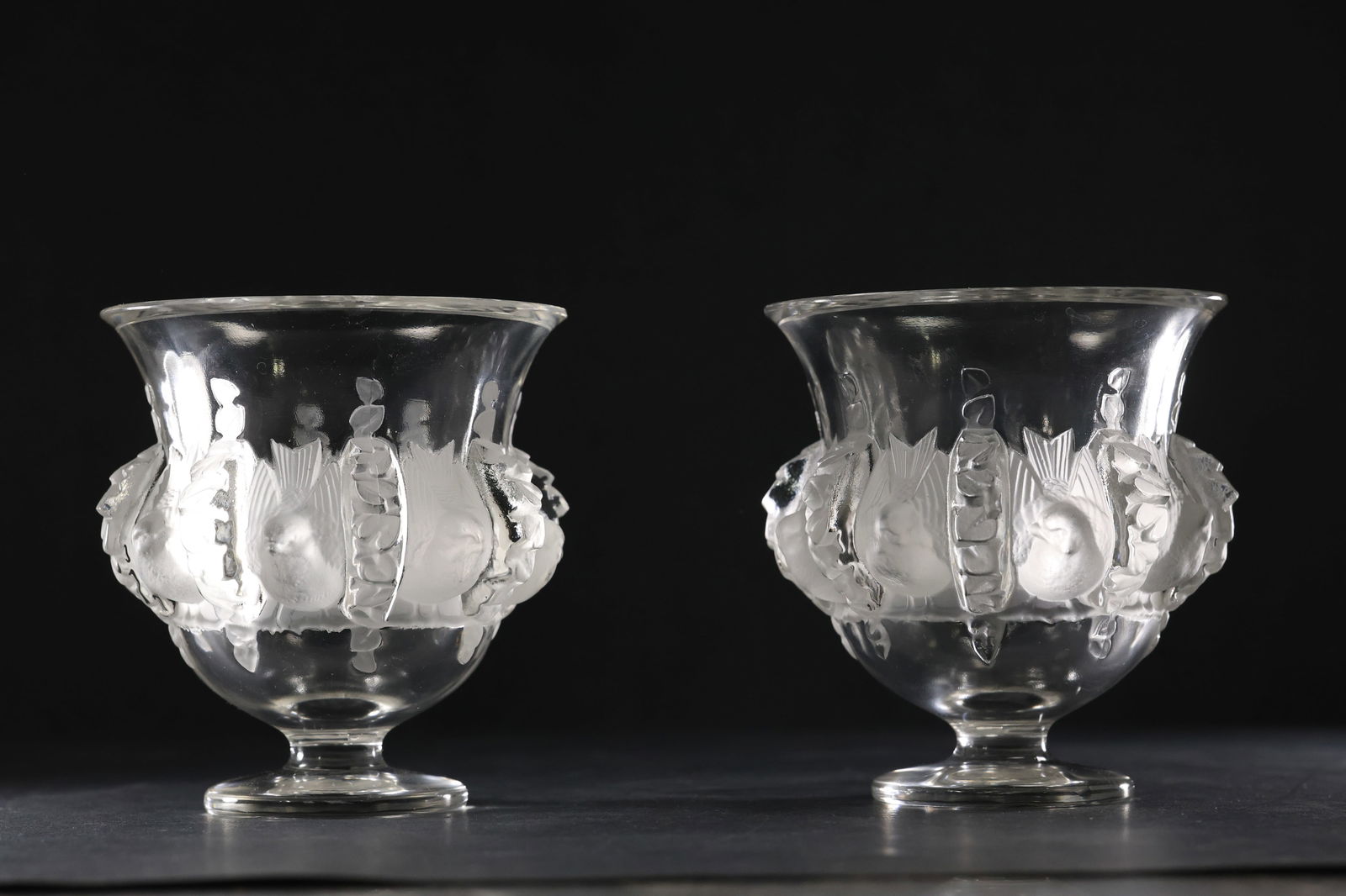 2 Signed Lalique France Dampierre Vases Crystal with Frosted Glass Birds & Foliage 5 in. x 5 in. (1 of 16)