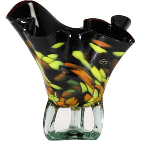 Sculptured Black Glass Abstract Handkerchief Art Glass Vase Korsno Jozefina Poland 15.5 in. x 14.5