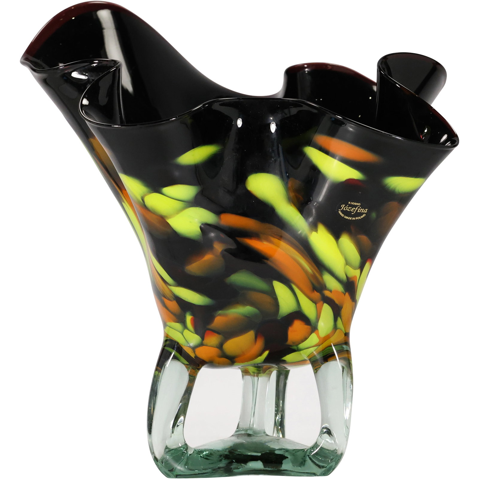 Sculptured Black Glass Abstract Handkerchief Art Glass Vase Korsno Jozefina Poland 15.5 in. x 14.5: Sculptured Black Glass Abstract Handkerchief Art Glass Vase Korsno Jozefina Poland 15.5 in. x 14.5 size: 15.5 x 14.5 x 15.5