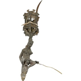 Antique Cast Metal Medieval Sculptural Wall Sconce with Allegorical Figure 24 inches Length