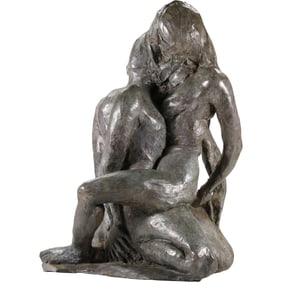 Intimate Nude Lovers Statue Sculpture in Hard Plaster Composition, Signed, 13.5 inches height