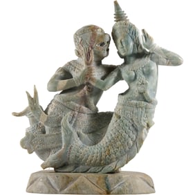 Large Soapstone Carved Sculpture of a Mermaid-like Figure and Mythical Being, 11 in. x 11 in.
