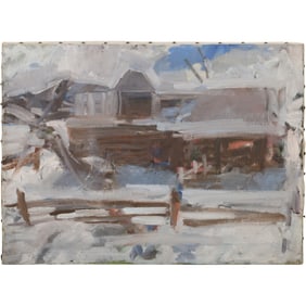 Vintage Impressionism Oil on Canvas Painting Old Homestead in Winter Landscape